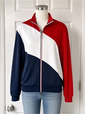 Colorblock Track Jacket Red White Navy Zip Up Pullover EUC  Medium